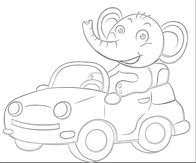 Раскраска для детей - Слонёнок в автомобиле