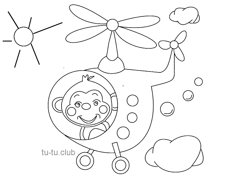 Раскраска для детей - Обезьянка в вертолёте